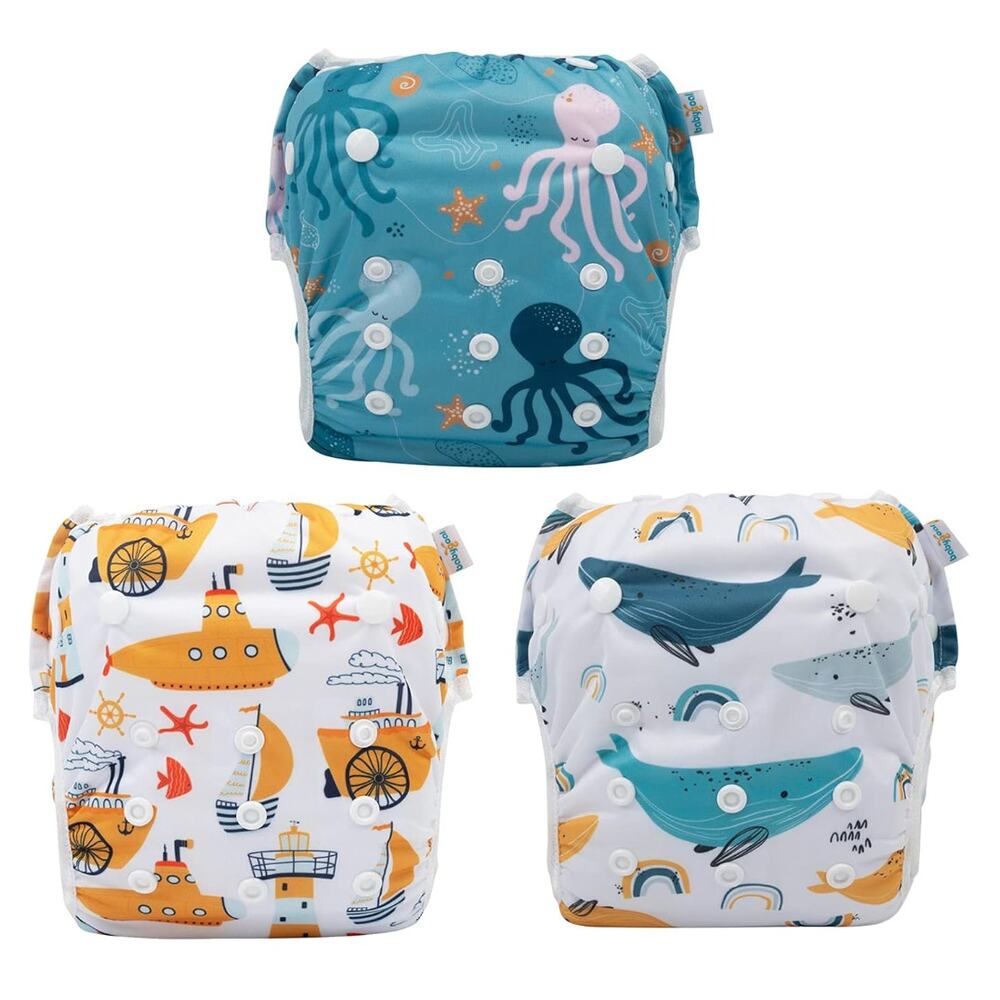 3 Pack Baby Swim Diapers for 0-8 MonthsAdjustable Washable- Shark & Octopus